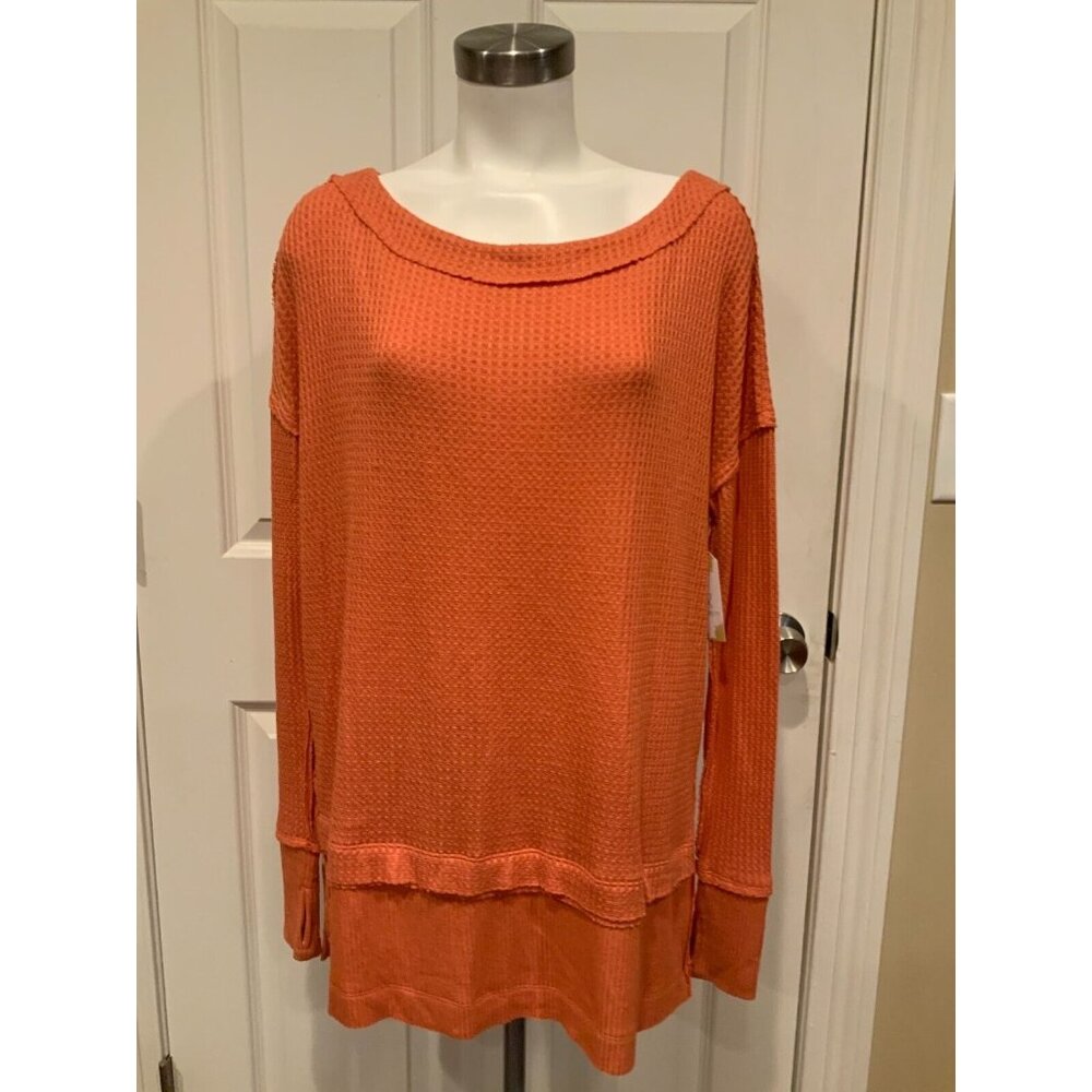 We The Free Free People Orange Waffle Knit Oversized Shirt, Size XS